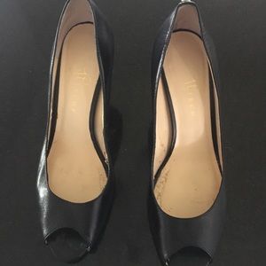 Black Leather Ivanka Trump Open Toe 3.5” Heels